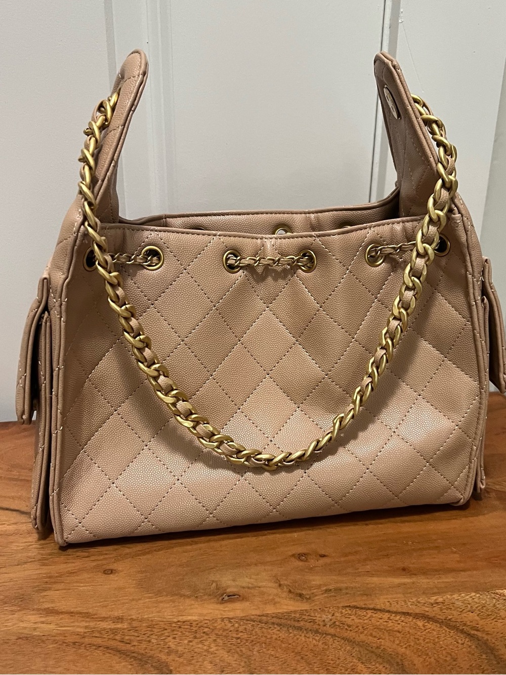 Quilted Tan Chain-Accent Shoulder Bag - Picture 2 of 3